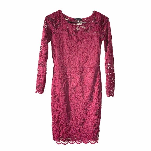 Ambiance Red Burgundy Floral Lace Cocktail Party Evening Mini Long Sleev Dress - Picture 2 of 2